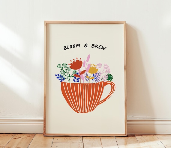 Bloom and Brew Floral Coffee Cup Hand Drawn Kitchen Art Poster