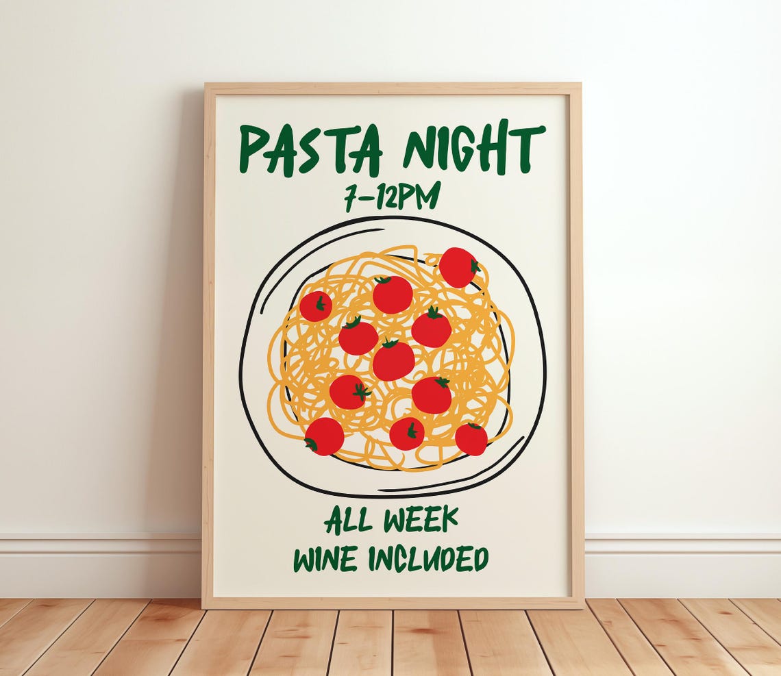 Pasta Night Spaghetti Dinner Retro Italian Kitchen Wall Poster