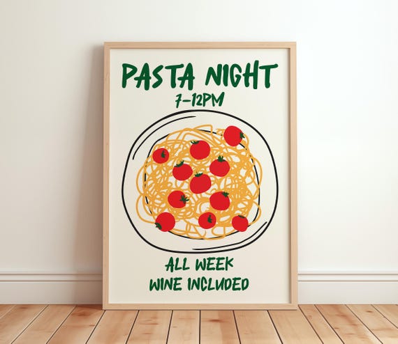 Pasta Night Poster Retro Italian Food Print Tomato Spaghetti Art Trendy Kitchen Wall Lover Gift Dining Room Decor