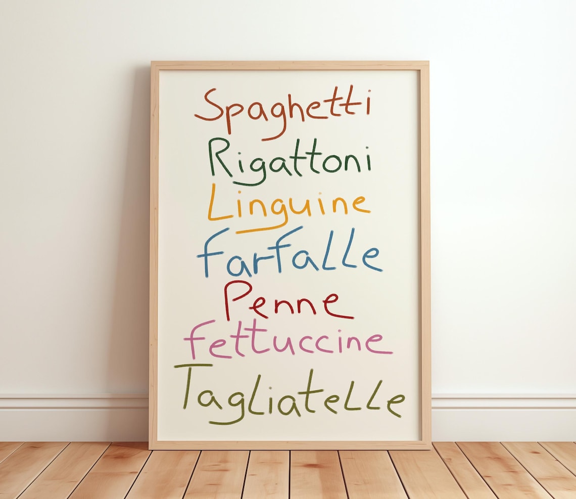 Retro Italian Pasta Names Art Print, Maximalist Kitchen