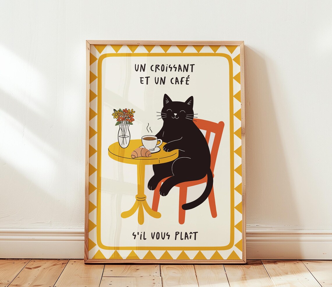 Black Cat Art Print, French Kitchen Decor