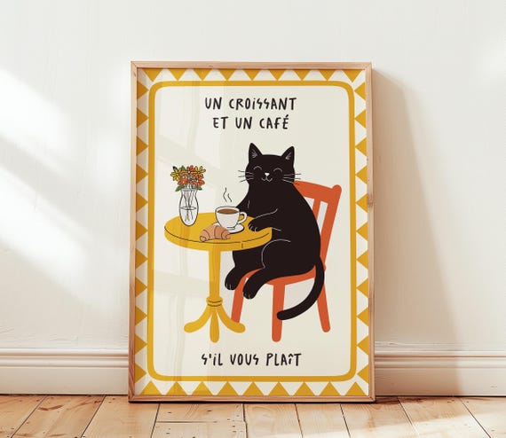 Black Cat Art Print, French Kitchen Decor