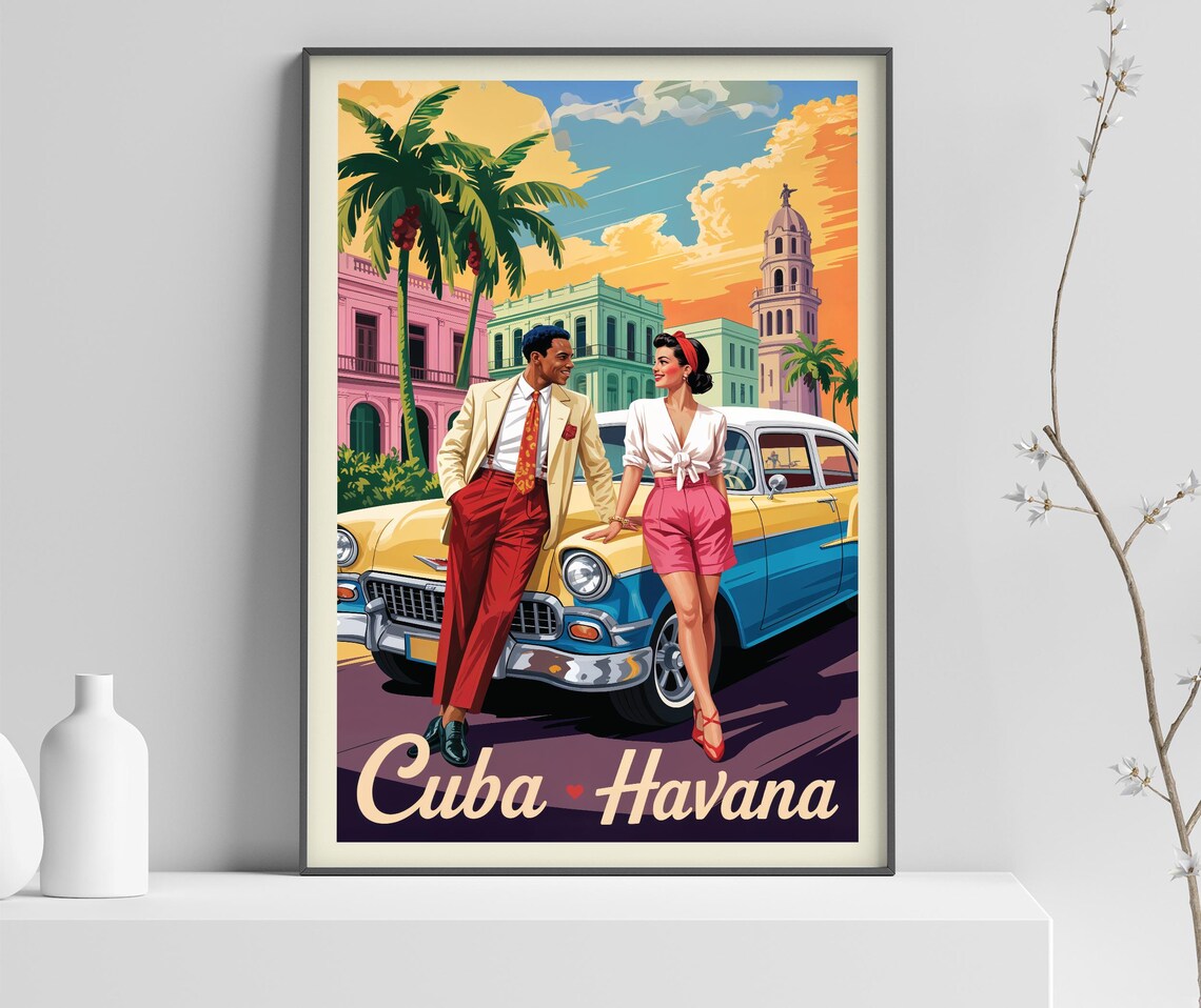 Cuba Havana Vintage Couple Classic Car Sunset Street Travel Poster