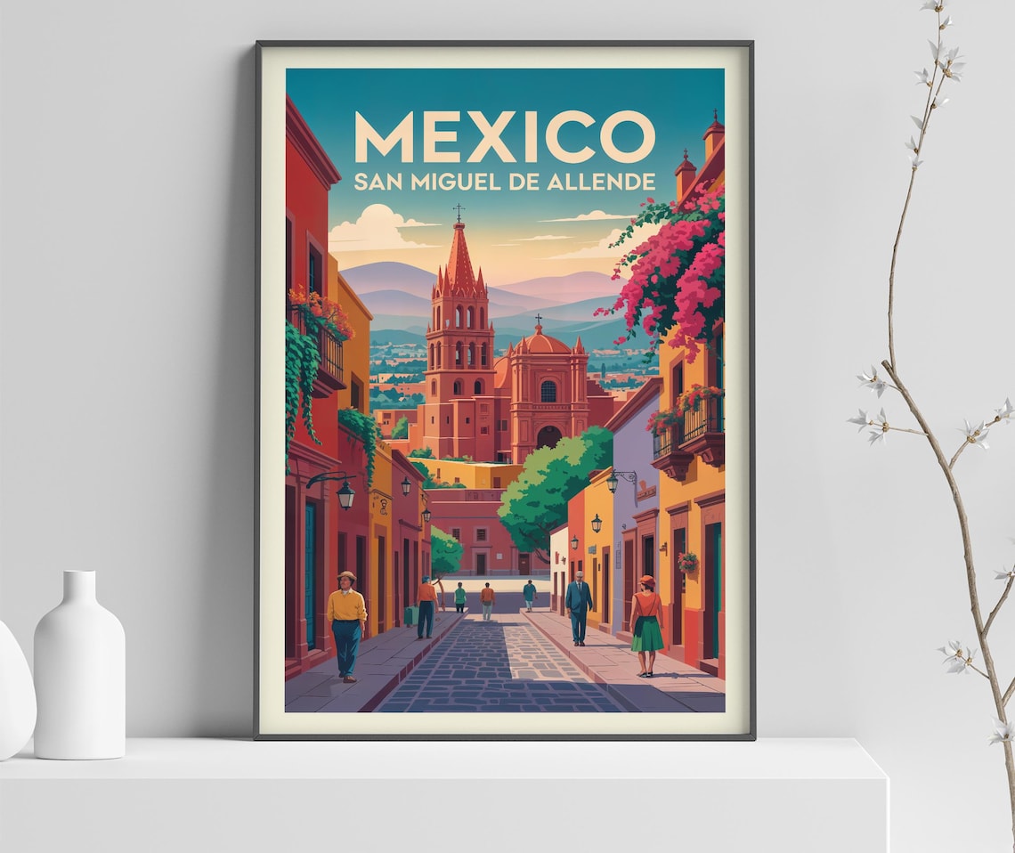 San Miguel De Allende Church Colorful Street Mexico Travel Poster