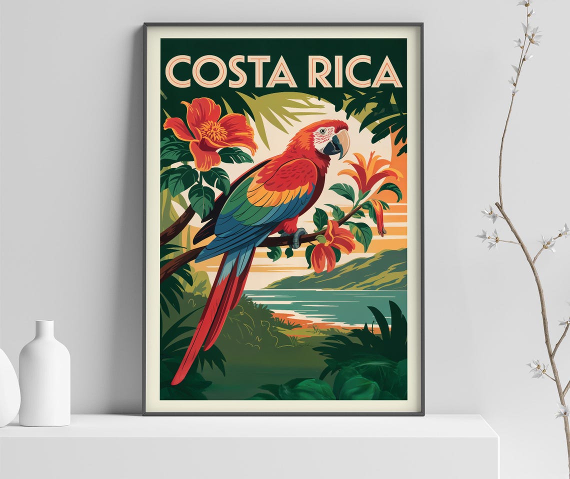Costa Rica Scarlet Macaw Tropical Parrot Vintage Travel Poster