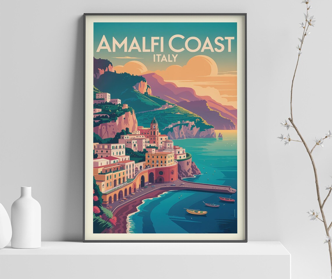 Italy Amalfi Coast Harbor Village Sunset Boats Vintage Poster