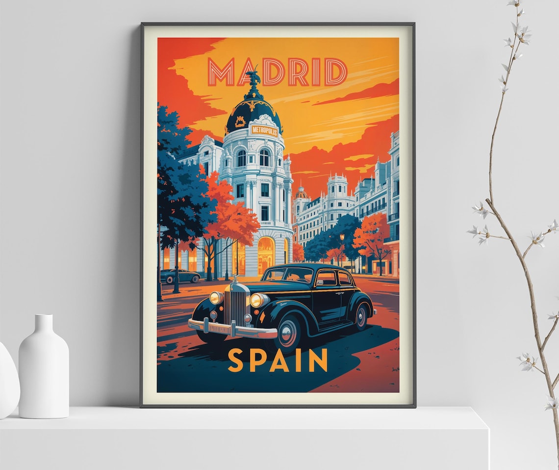 Madrid Spain Metropolis Classic Car Golden Hour City Travel Poster