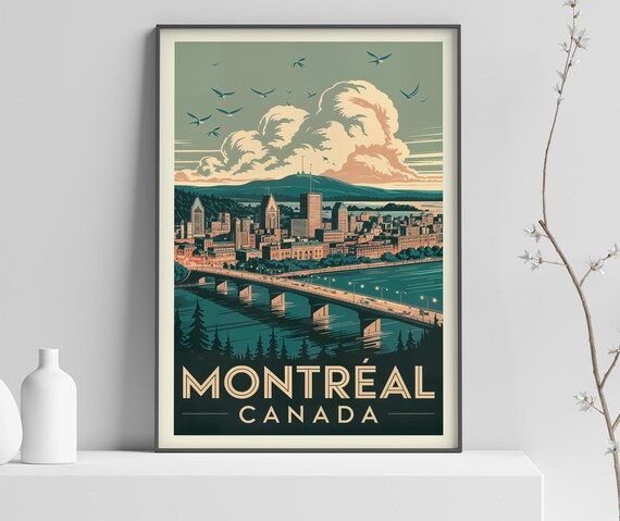 Montreal Canada City Skyline River Bridge Vintage Travel Poster