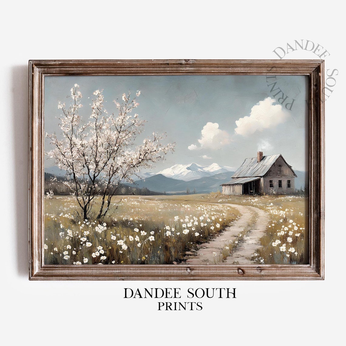 Rustic Barn Blossom Tree Daisy Field Vintage Farm Landscape Poster
