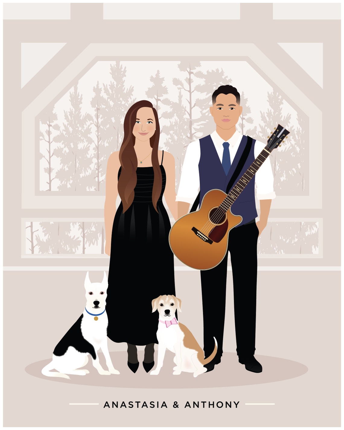 Custom Couple with Two Shiba Inu Dogs and House Illustration Poster - Image 5
