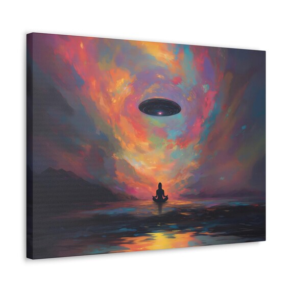 Meditating Silhouette Beneath UFO in Swirling Cosmic Sky Poster