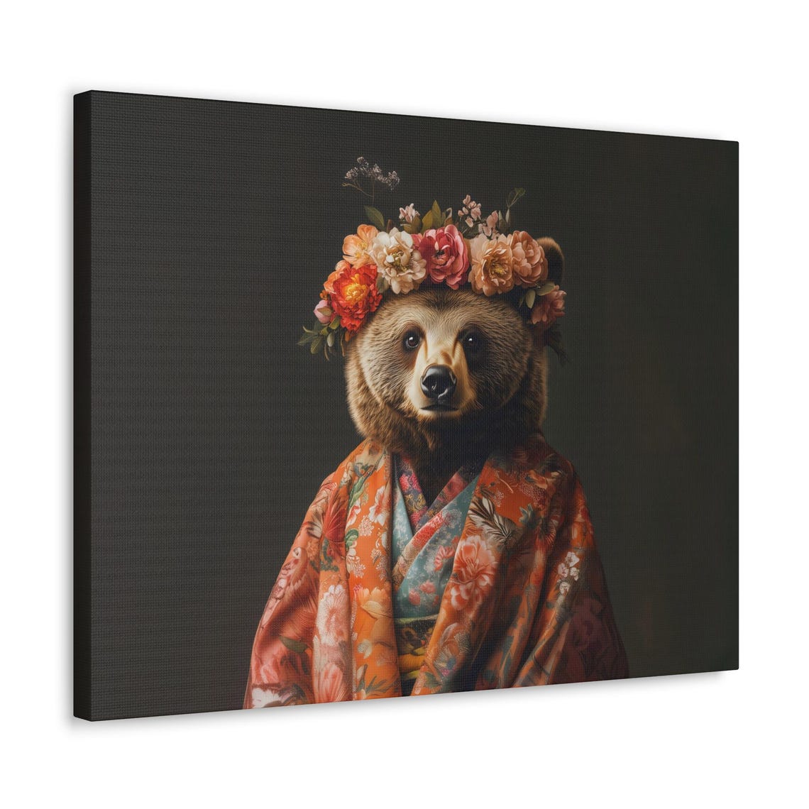 Brown Bear Flower Crown Kimono Maximalist Animal Portrait Poster - Image 2