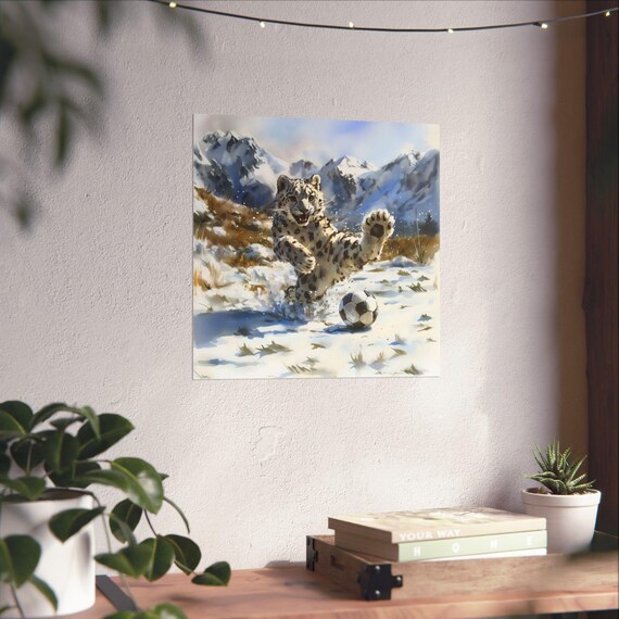 Snow Leopard Soccer Watercolor Painting Snowy Mountain Kick Action Poster