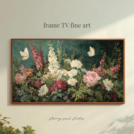 Butterflies And Flowers Frame Tv Art Classic Oil Painting Wallpaper Elegant Lush Green Nature Screensaver Bu002