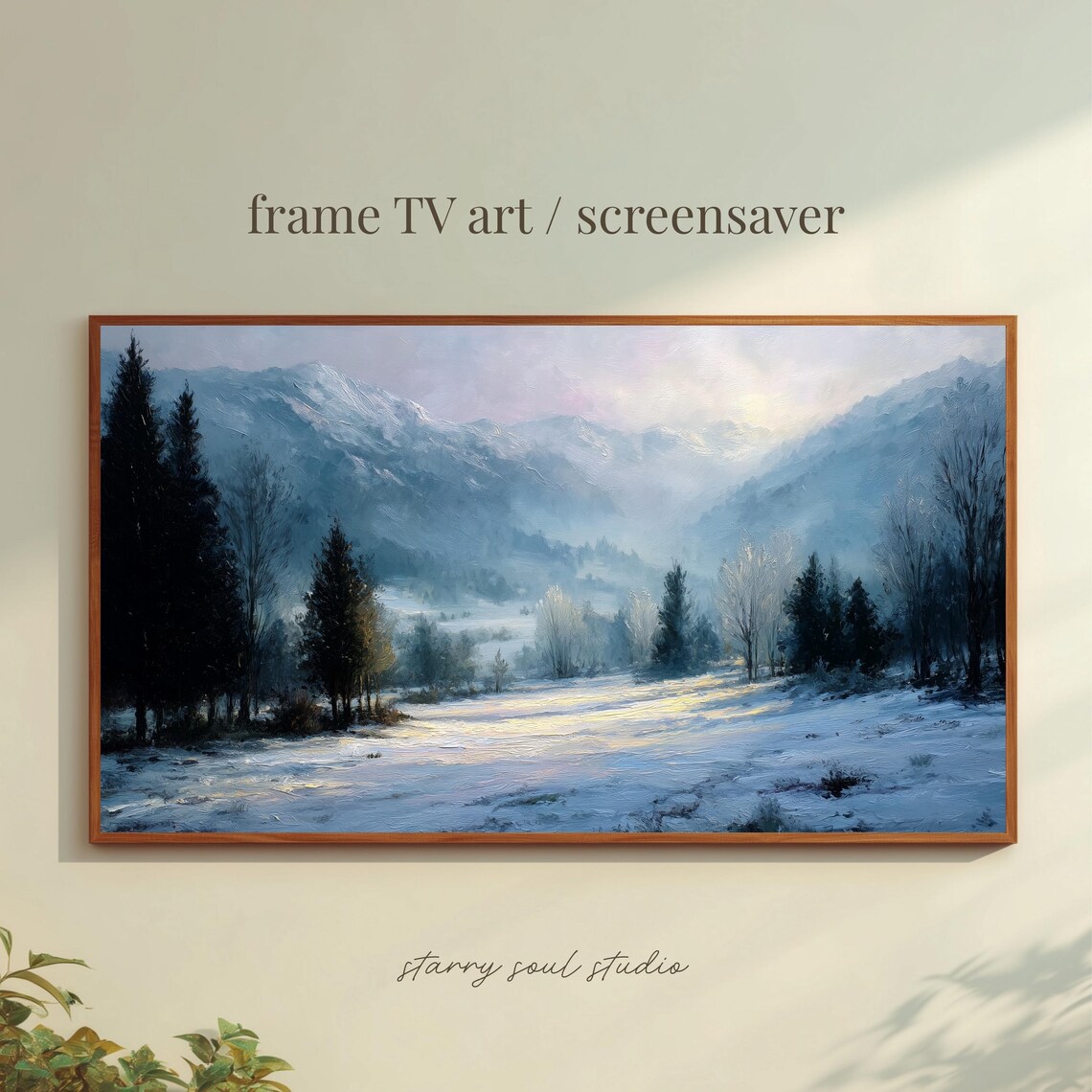 Snowy Mountain Valley Pines Misty Winter Oil Painting TV Art Poster
