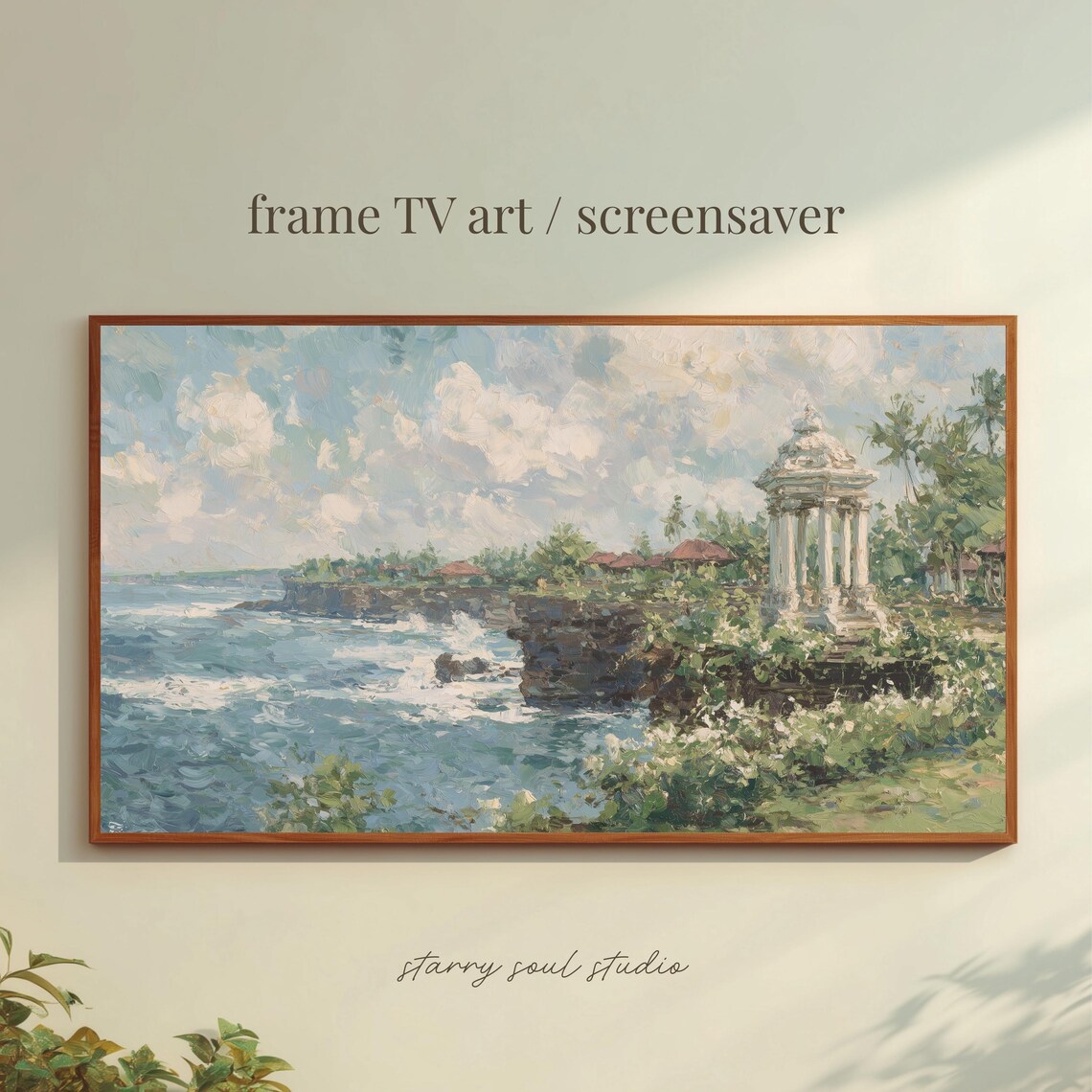 Bali Temple Cliff Ocean Coast Impressionist Painting Print Tropical Paradise Art