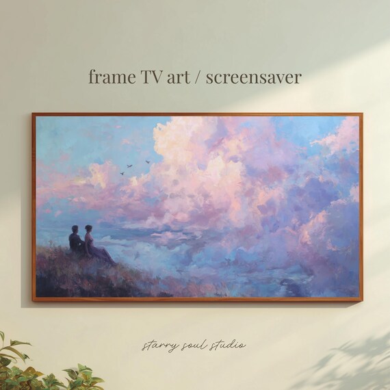 Lovers Watching A Pink Sunset Over The Sea Romantic Art Poster