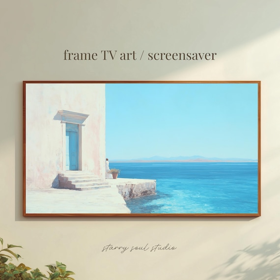 Bright Aegean Sea Cliffside White House Blue Door View Art Print