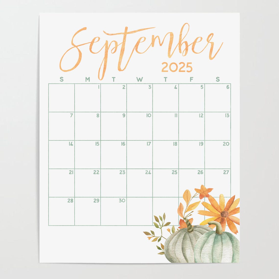 September 2025 Calendar Green Pumpkins Wood Frame Rustic Planner - Image 2