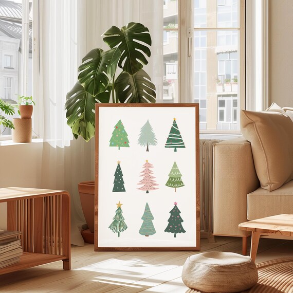 Nine Watercolor Christmas Trees Holiday Grid Kids Room Art Print