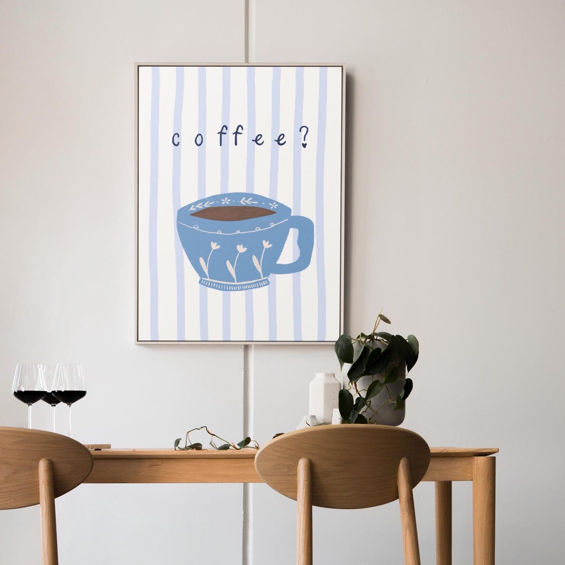 Coffee Question Blue Cup Floral Illustration Cute Kitchen Poster