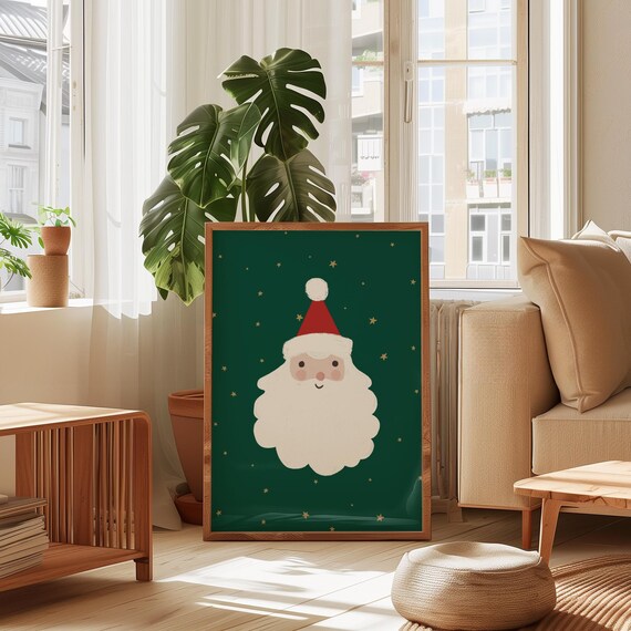 Sweet Smiling Santa Face on Green with Gold Stars Christmas Print