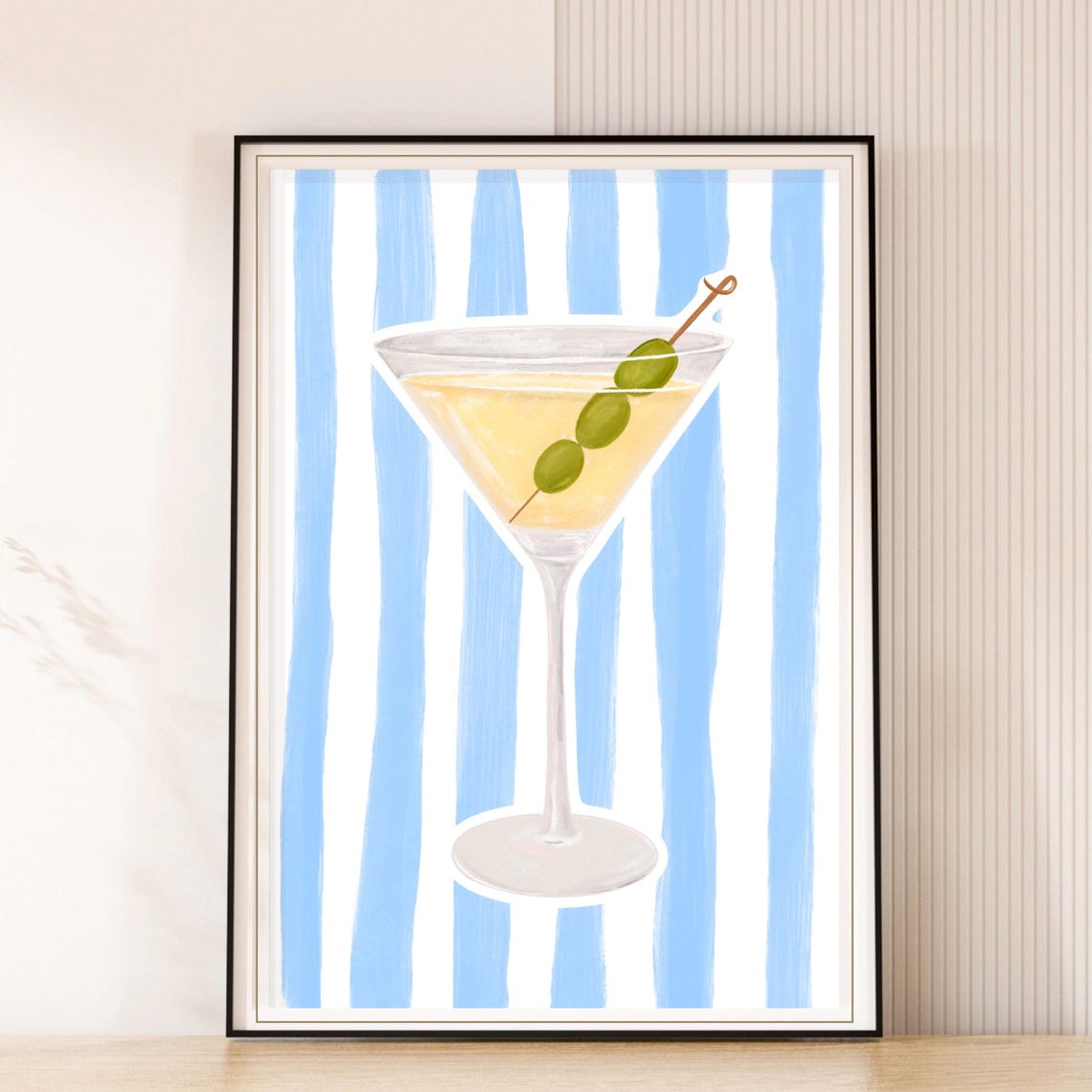 Martini Glass with Olives on Blue Painterly Stripe Bar Cocktail Print