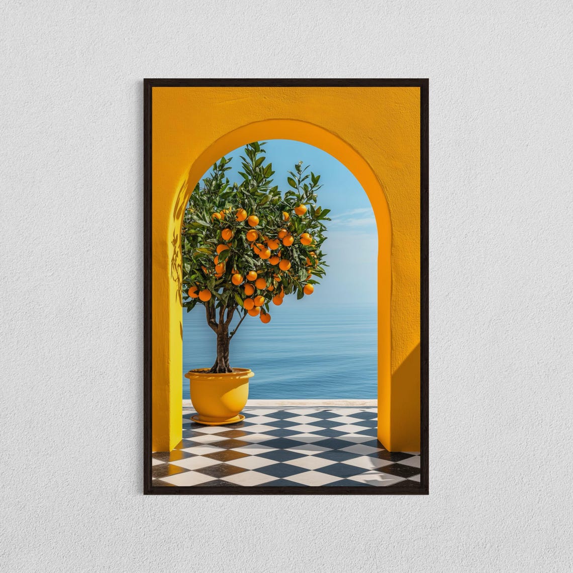 Orange Tree in a Yellow Pot Under a Sunny Arch by the Sea Poster