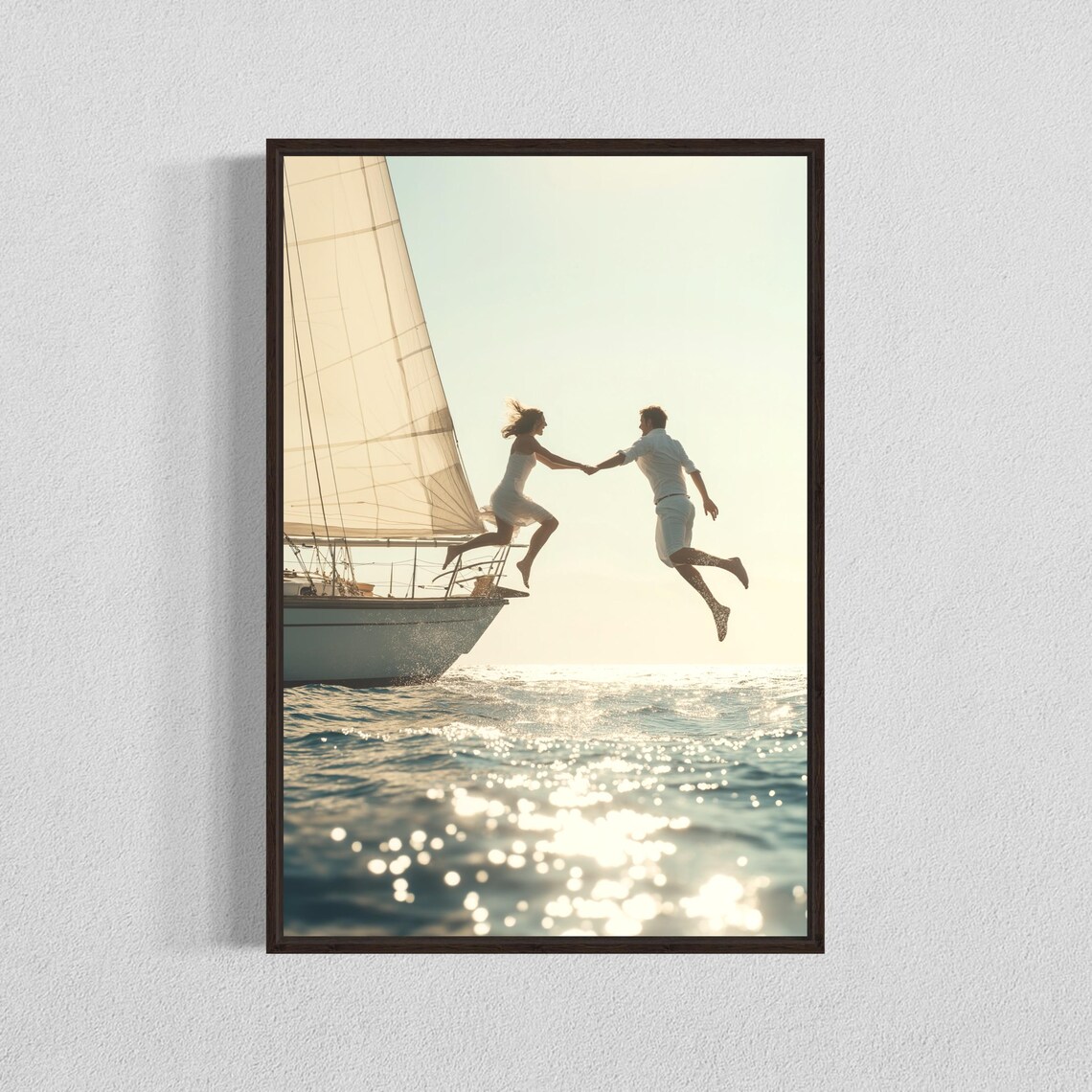 Romantic Couple Jumping Off Sailboat Golden Sunset Ocean Poster