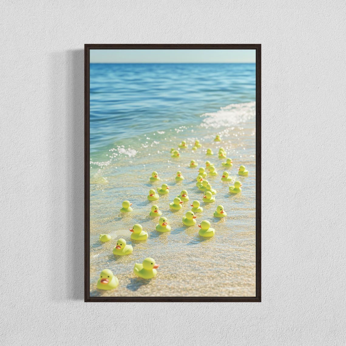 Yellow Rubber Ducks Floating on the Beach Whimsical Photo Poster