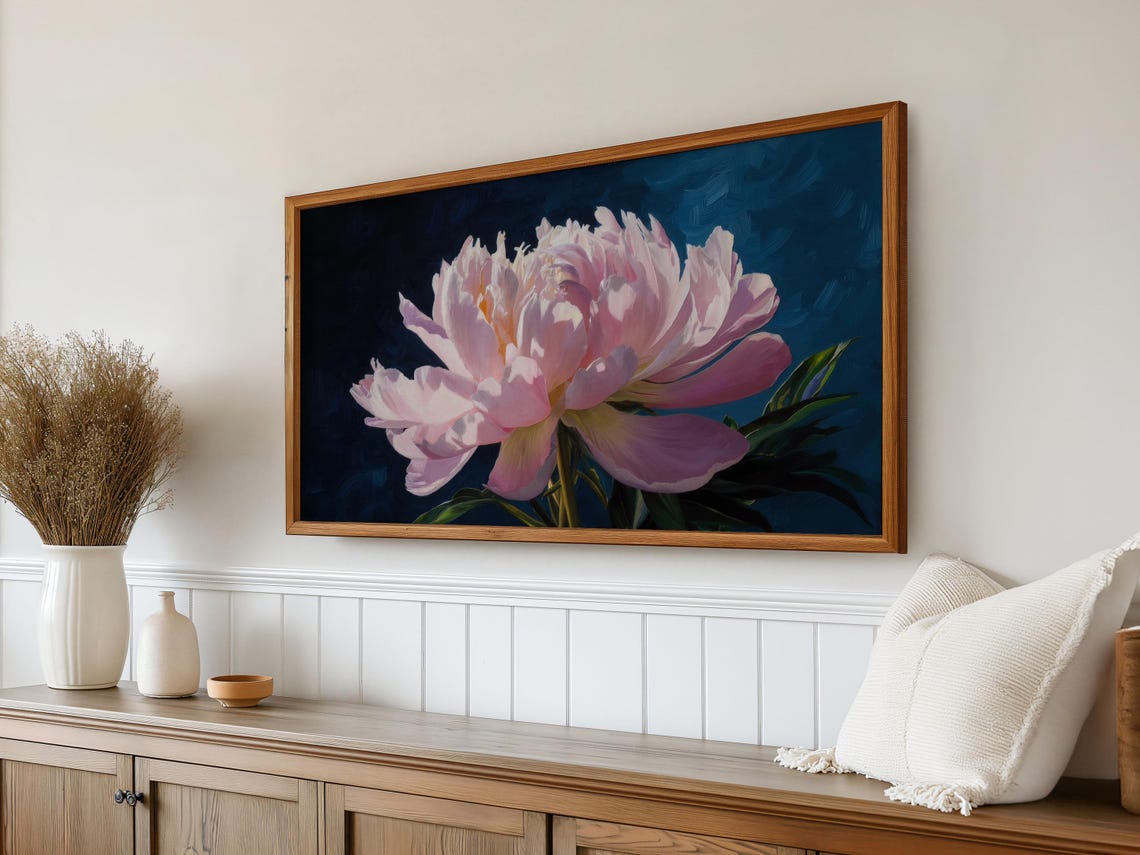 Pink Peony Flower Navy Blue Background Moody Botanical Poster - Image 2