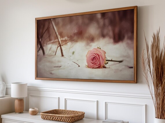 Frame Tv Art Moody Valentines Minimalist Snowy Winter Artwork Textured Romantic Pink Rose Flower Modern Floral Art For Tv