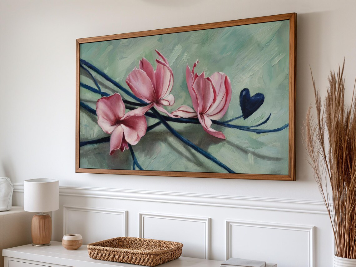 Pink Magnolia Blossoms Dark Blue Branch Sage Green Floral Poster