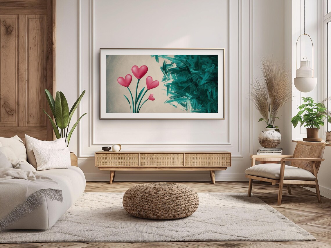 Pink Heart Flowers Teal Green Abstract Romantic Valentine Poster - Image 3