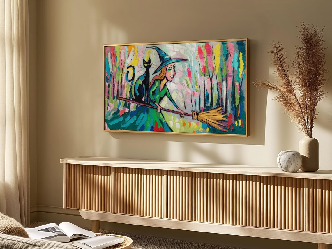 Colorful Abstract Witch Broom Black Cat Bold Maximalist Halloween Poster - Image 3