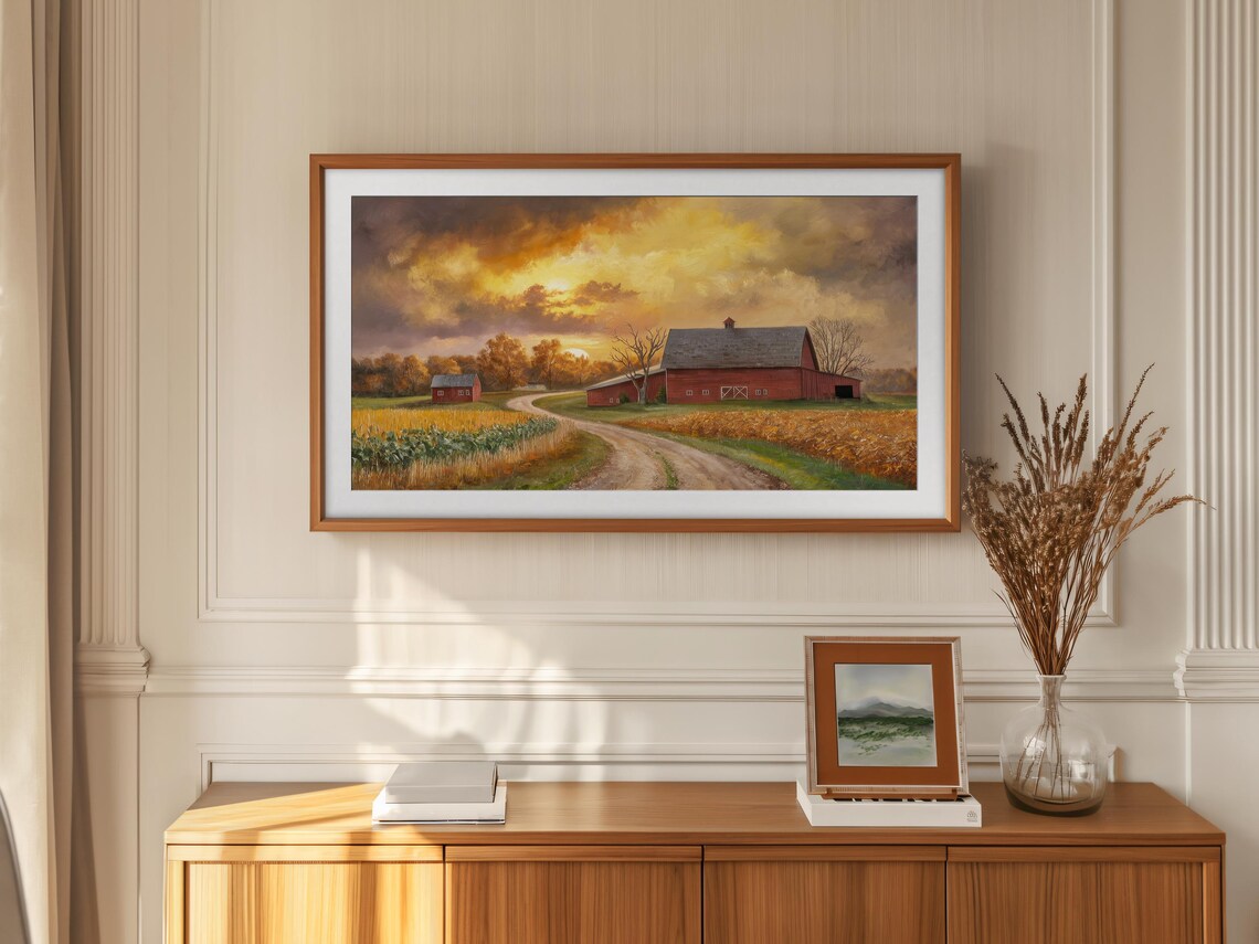 Red Barn Golden Sunset Dirt Road Country Farmhouse Autumn Art Poster - Image 3
