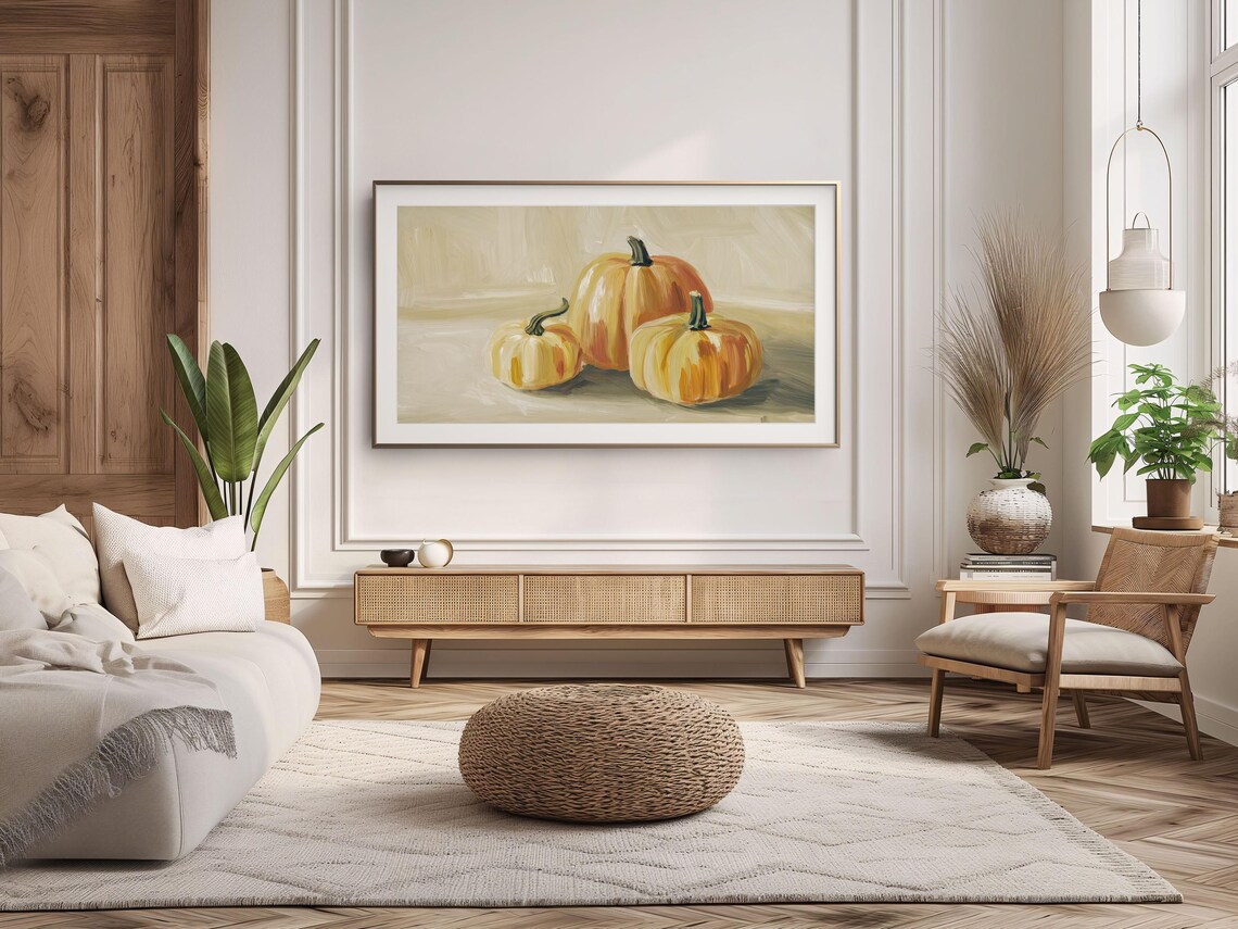 Three Pumpkins Neutral Beige Minimalist Fall Oil Painting Harvest Poster - Image 3
