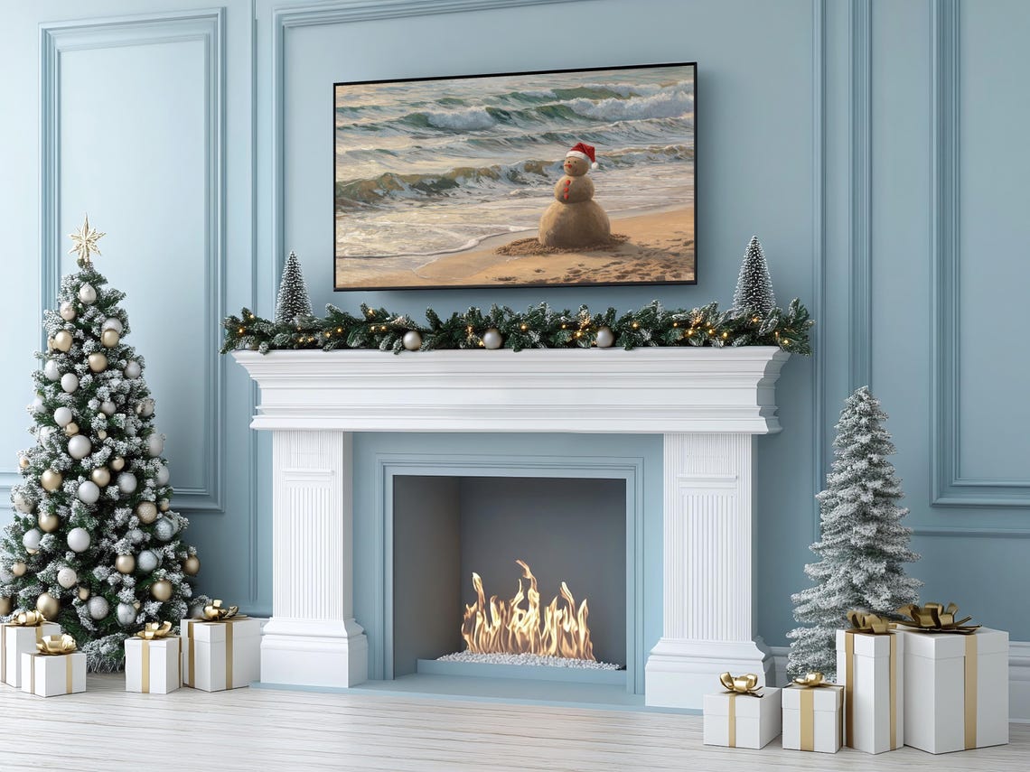 Sand Snowman Santa Hat Beach Waves Coastal Christmas Painting Poster - Image 3