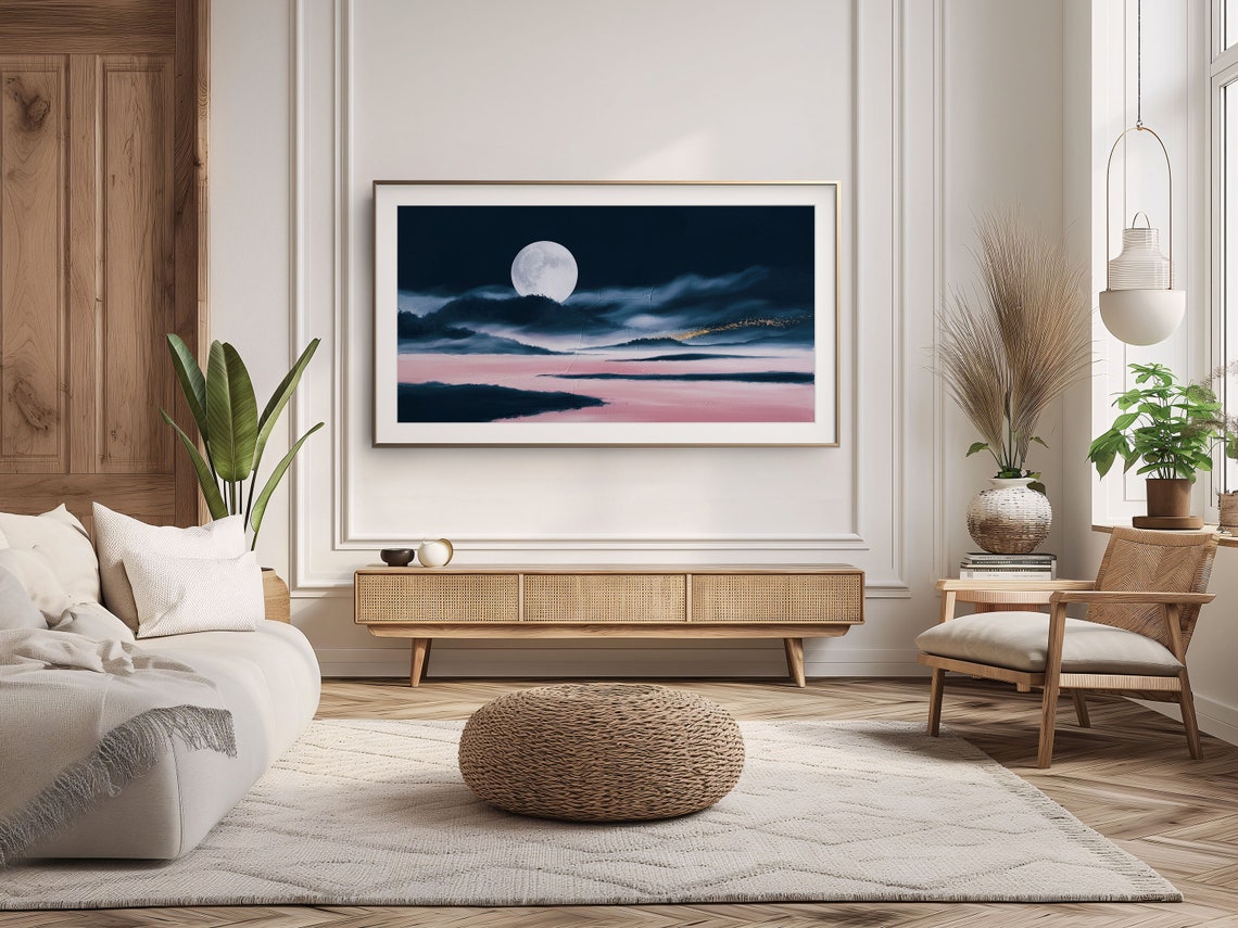 Full Moon Pink Clouds Dark Navy Sea Abstract Modern Coastal Art Poster - Image 2