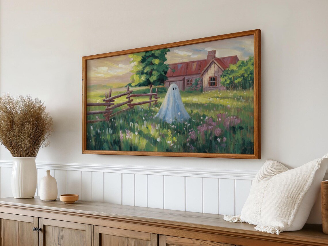 Cute Ghost Meadow Floral Halloween Painting Rustic Barn Scene Poster - Image 3