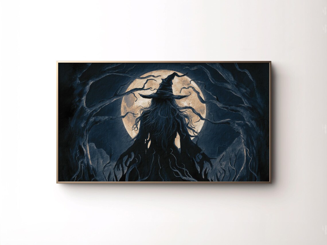 Witch Silhouette Full Moon Twisted Trees Dark Muted Halloween Art Poster