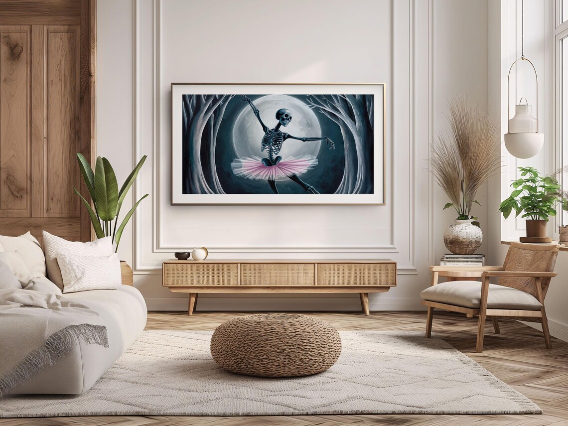 Skeleton Ballerina Pink Tutu Full Moon Dark Forest Halloween Art Poster - Image 3