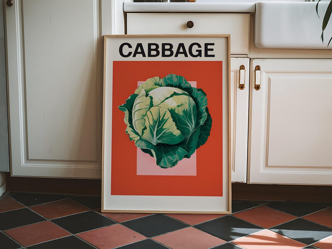Cabbage Vegetable Art Print Farmhouse Kitchen Wall Decor Rustic Food Illustration Vintage Kitchen Art Culinary Wall Decor - Image 5