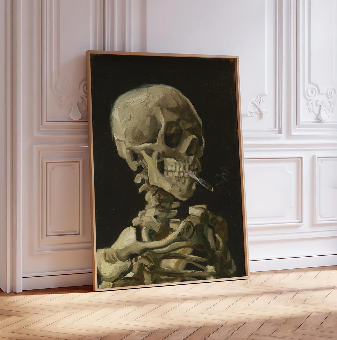 Van Gogh Art Wall Print Dark Academia Skull Poster Vintage Edgy Decor Unique Painterly Skeleton With Burning Cigarette