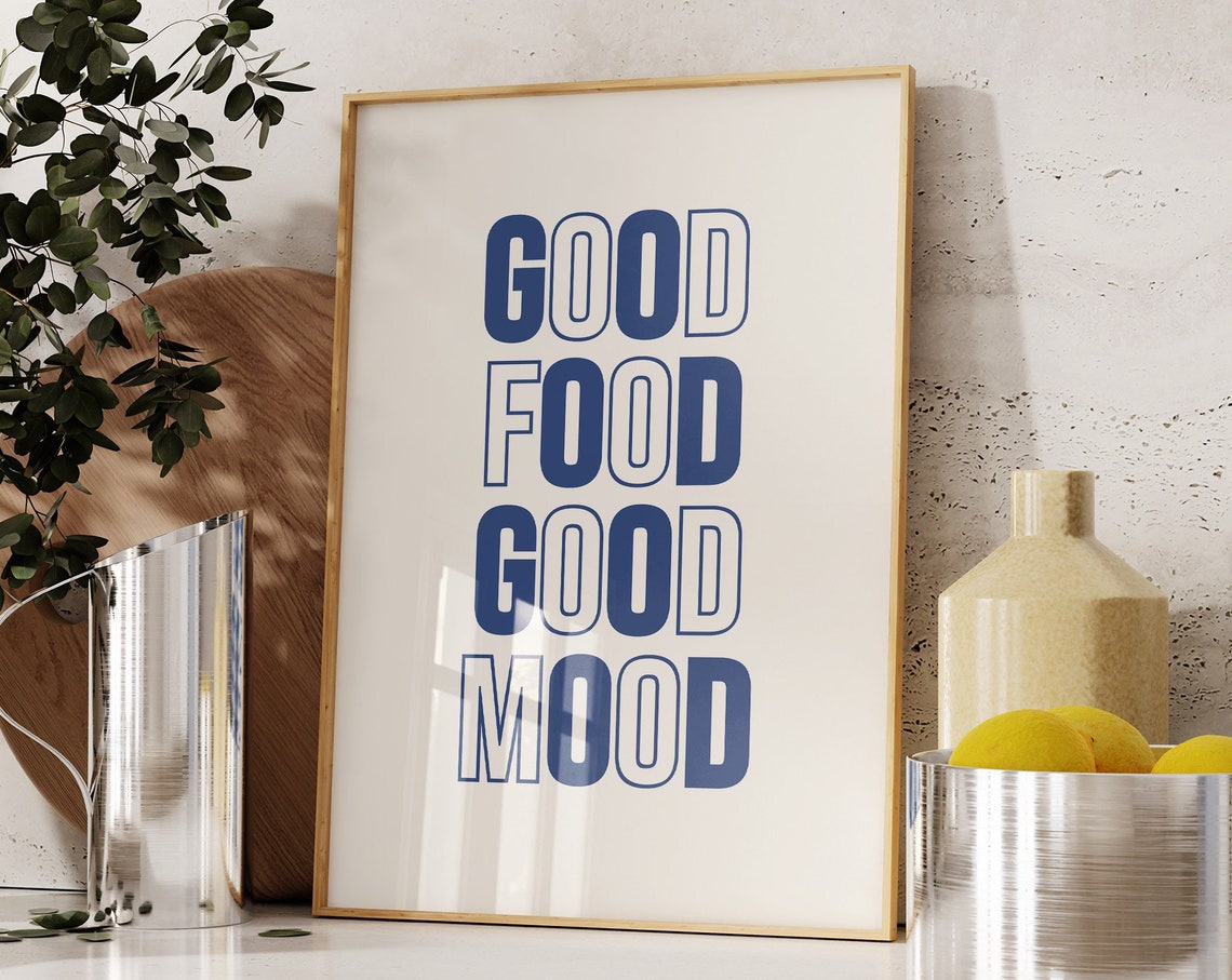 Good Food Good Mood Navy Blue Retro Kitchen Typography Wall Art
