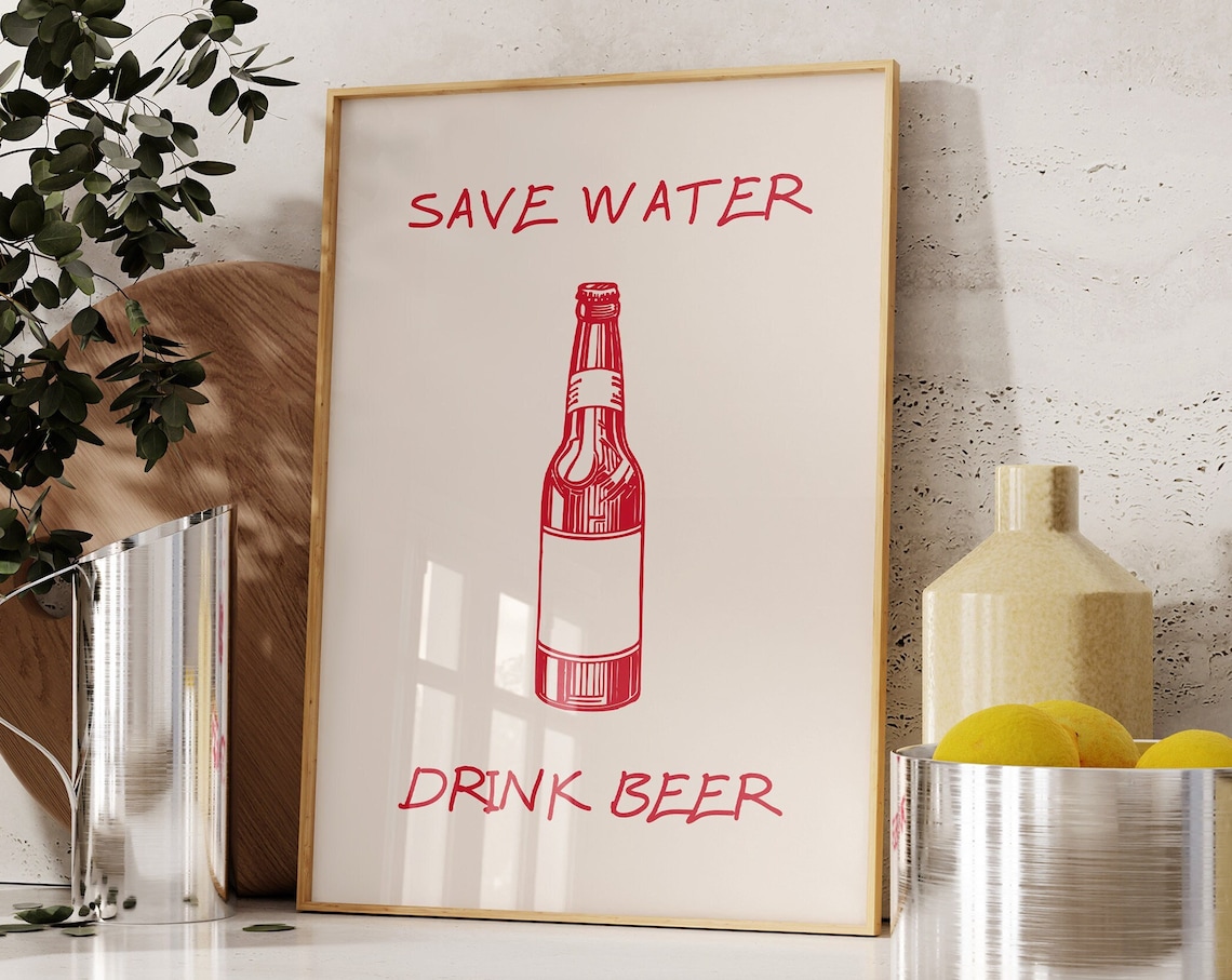 Minimalist Beer Poster, Retro Drinks Wall Decor