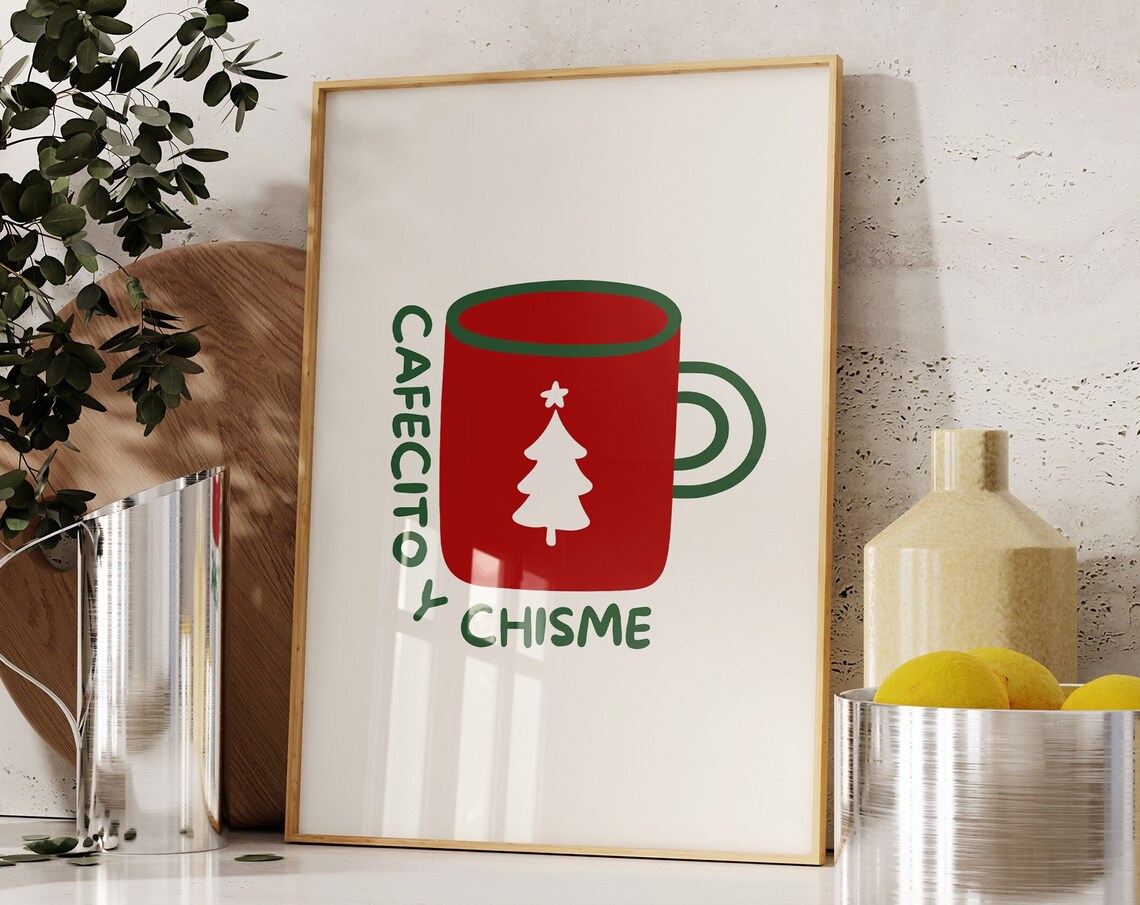 Cafecito Y Chisme Spanish Christmas Coffee Mug Holiday Kitchen Poster