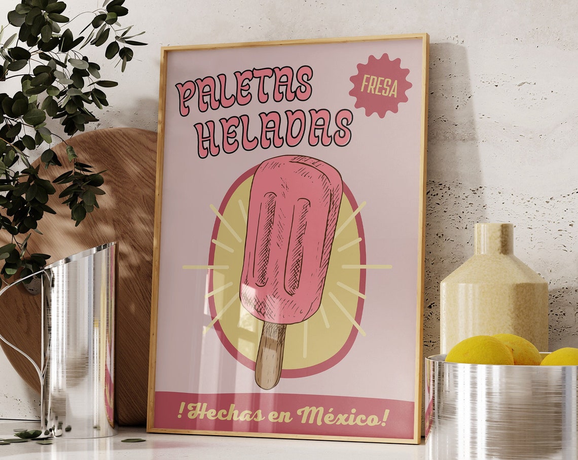 Paletas Heladas Fresa Retro Mexican Popsicle Kitchen Decor Poster