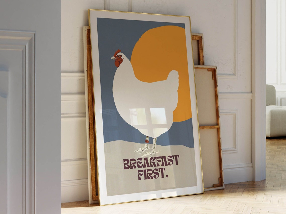 Breakfast First Funny Hen Modern Retro Farmhouse Kitchen Decor Poster