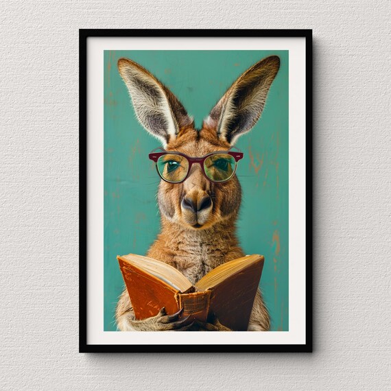 Kangaroo Reading a Book in Red Glasses on Teal Quirky Animal Poster